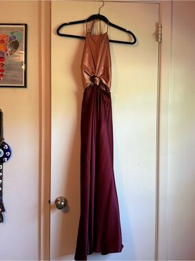 Lulu's Two-Tone Halter Maxi Dress in Rose Gold & Burgundy